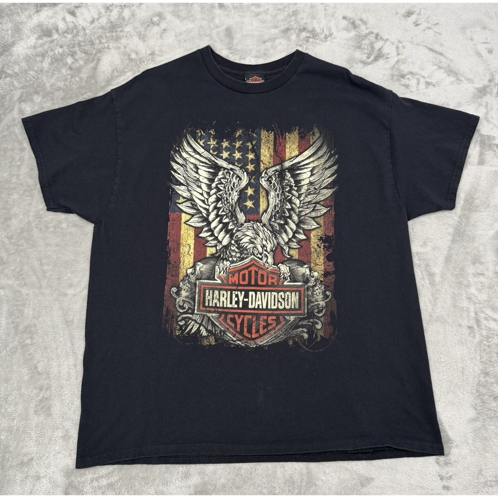 Harley Davidson Shirt Mens XL Black Wisconsin Eagle American Flag Motorcycle